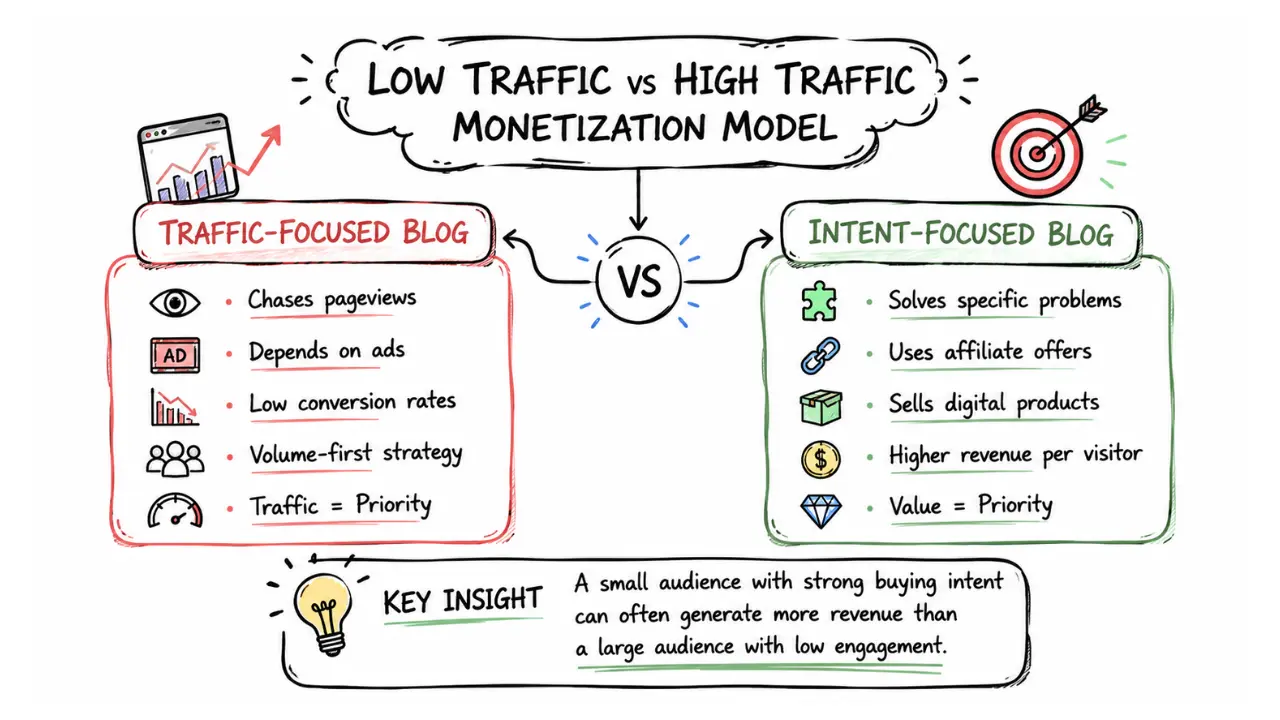 Hand-drawn comparison infographic showing low traffic vs high traffic blog monetization models, contrasting traffic-focused blogging with intent-focused blogging in terms of ads, affiliate marketing, digital products, and revenue potential.