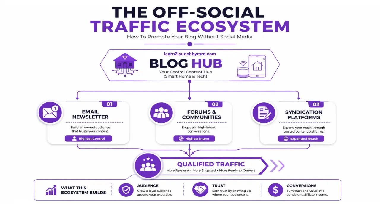 Off-social traffic ecosystem infographic showing how email newsletters, forums, and content syndication channels drive qualified traffic back to a blog hub and generate audience growth, trust, and conversions.