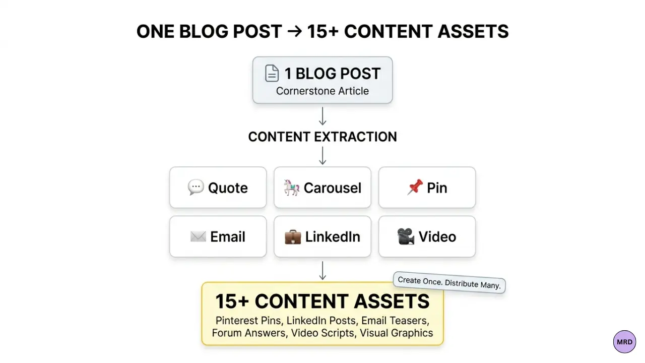 Infographic showing how one blog post can be repurposed into multiple content formats including quotes, carousels, Pinterest pins, emails, LinkedIn posts, and videos to create more than 15 content assets.
