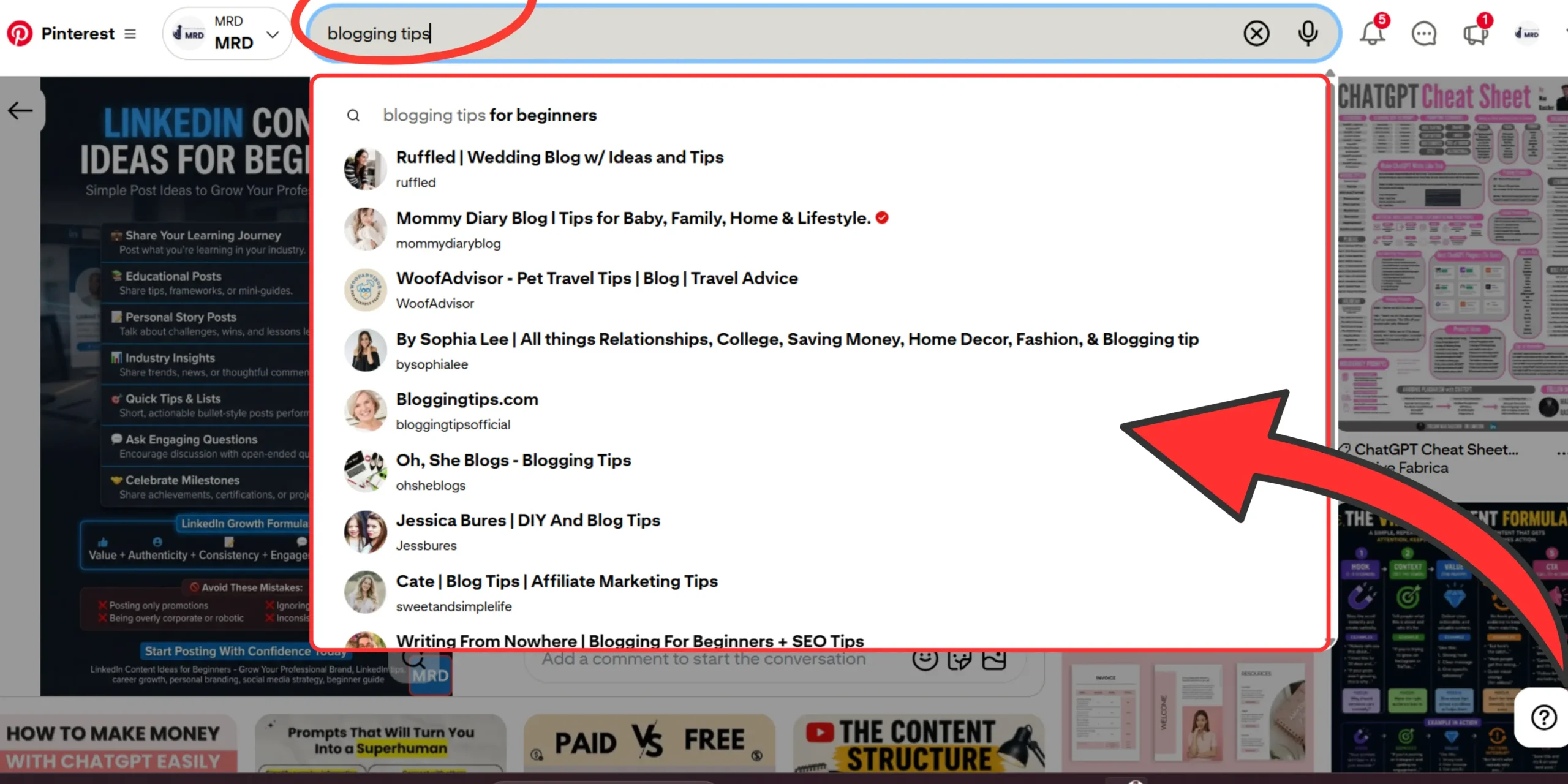 Pinterest keyword suggestion results displaying related search terms for blog traffic and content marketing topics.