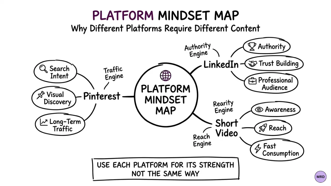 Hand-drawn platform mindset map showing Pinterest for search intent and long-term traffic, LinkedIn for authority and trust building, and short-form video for awareness and reach.