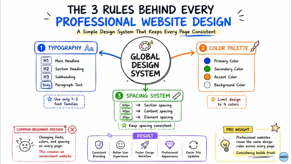 Professional website design system infographic showing typography hierarchy, color palette structure, and spacing rules used to maintain visual consistency across a WordPress website.