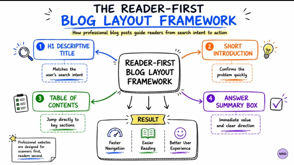 Reader-first blog layout framework showing a descriptive title, short introduction, table of contents, and answer summary box connected to improved user experience.