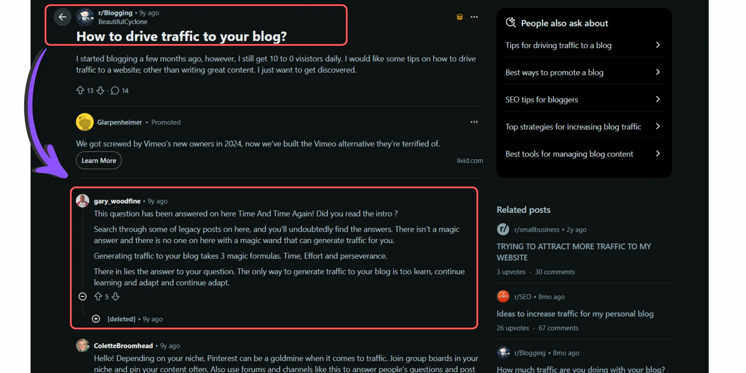 Detailed Reddit answer providing helpful information before referencing a related blog resource.