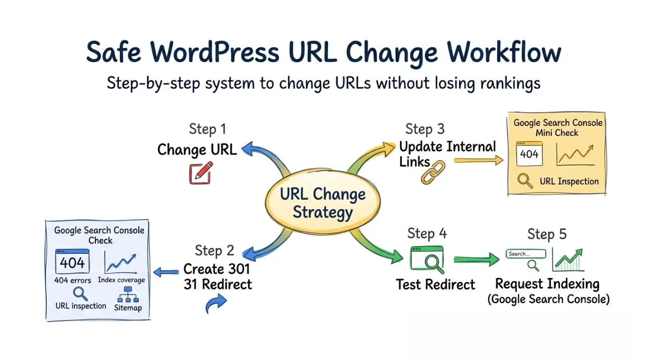 Hand-drawn SEO mind map showing safe WordPress URL change workflow including change URL, create 301 redirect, update internal links, test redirect, and request indexing in Google Search Console - how to change WordPress URL without losing rankings