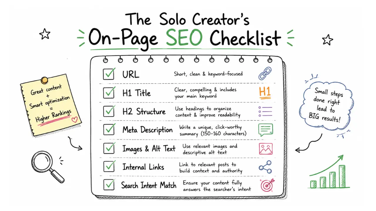 Hand-drawn on-page SEO checklist infographic showing URL, H1 title, H2 structure, meta description, images with alt text, internal links, and search intent match for blog optimization.