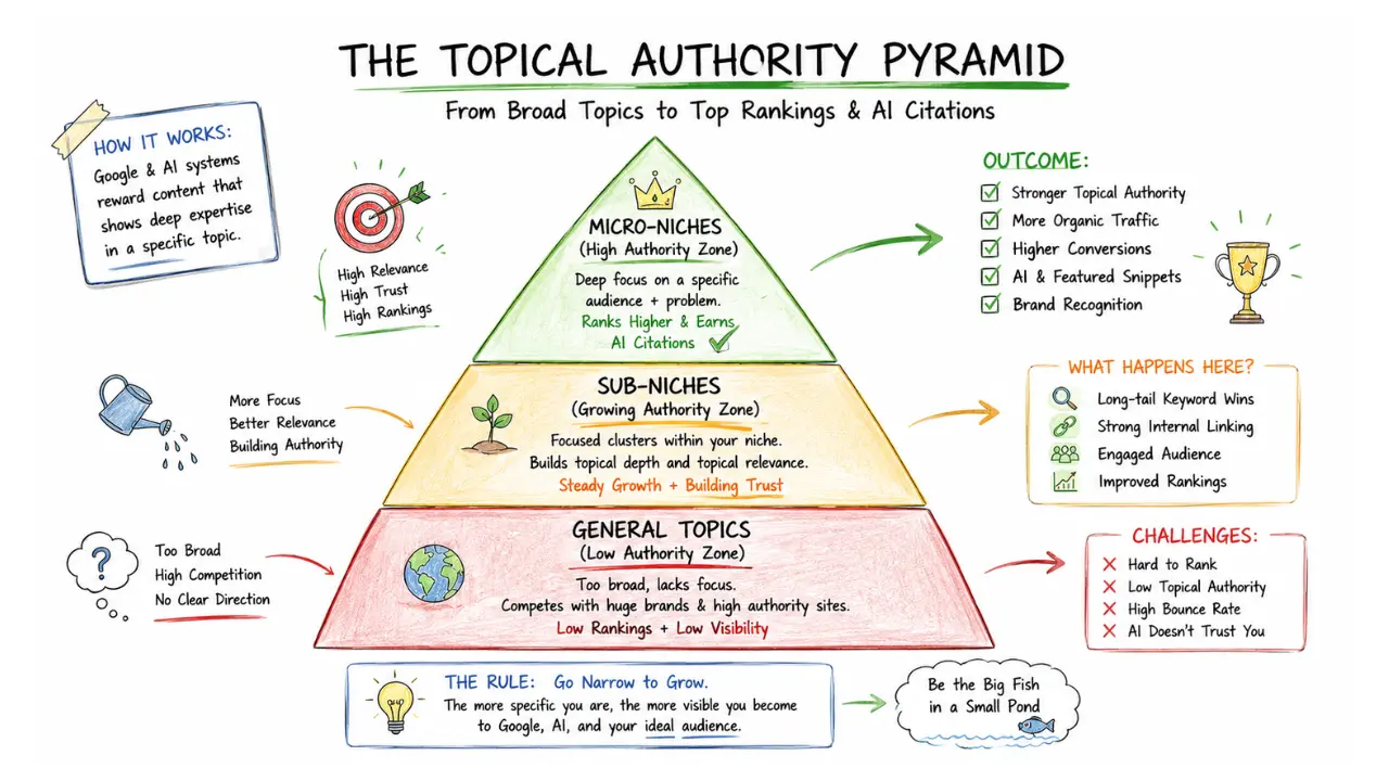 Hand-drawn colored pencil infographic showing a Topical Authority Pyramid with general topics at the bottom, sub-niches in the middle, and micro-niches at the top, explaining how niche focus improves SEO rankings and AI citations.