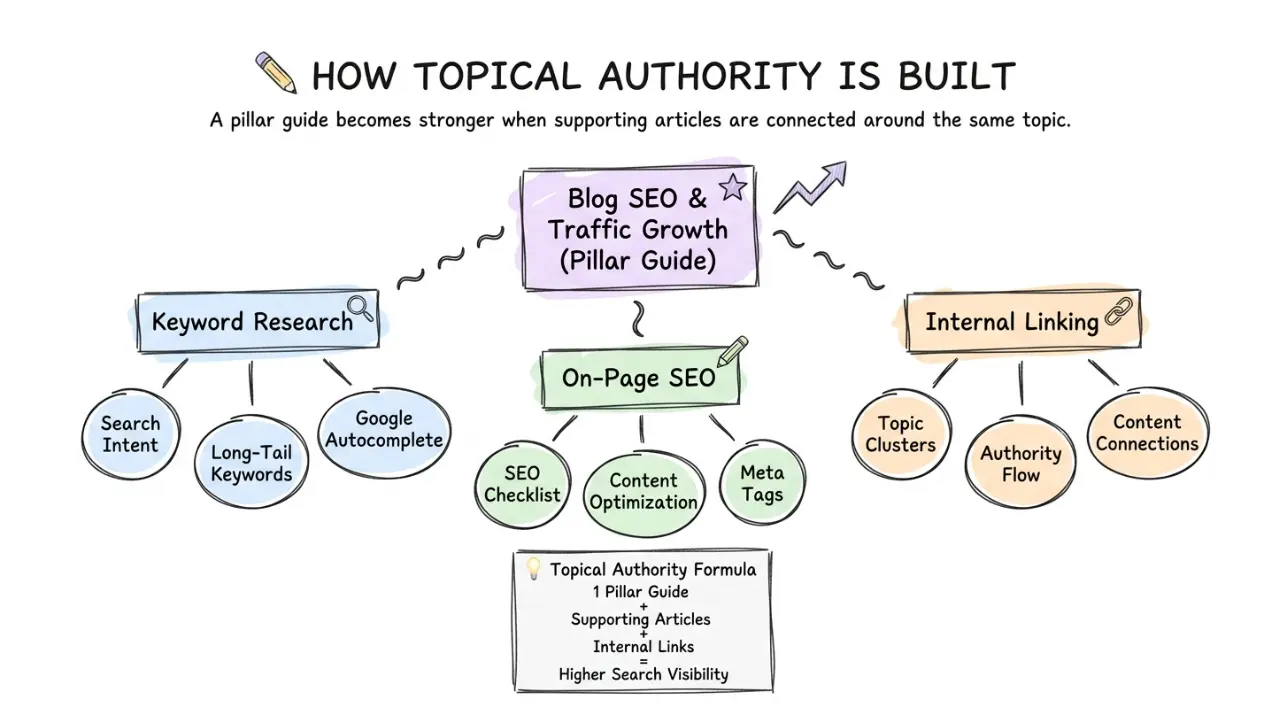 Hand-drawn mind map showing how a blog SEO pillar guide connects keyword research, on-page SEO, and internal linking articles to build topical authority.