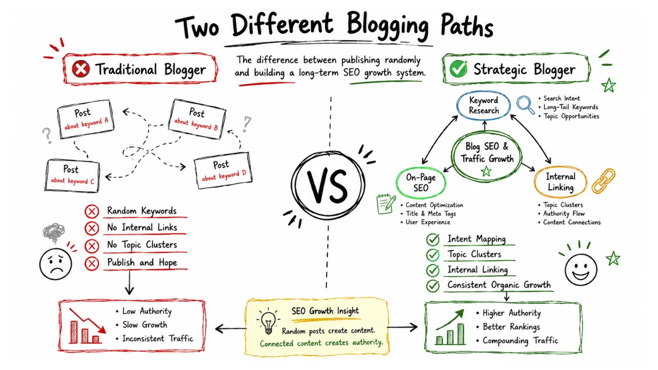Hand-drawn comparison infographic showing the difference between a traditional blogger using random keywords and a strategic blogger using intent mapping, topic clusters, and internal linking for organic growth.