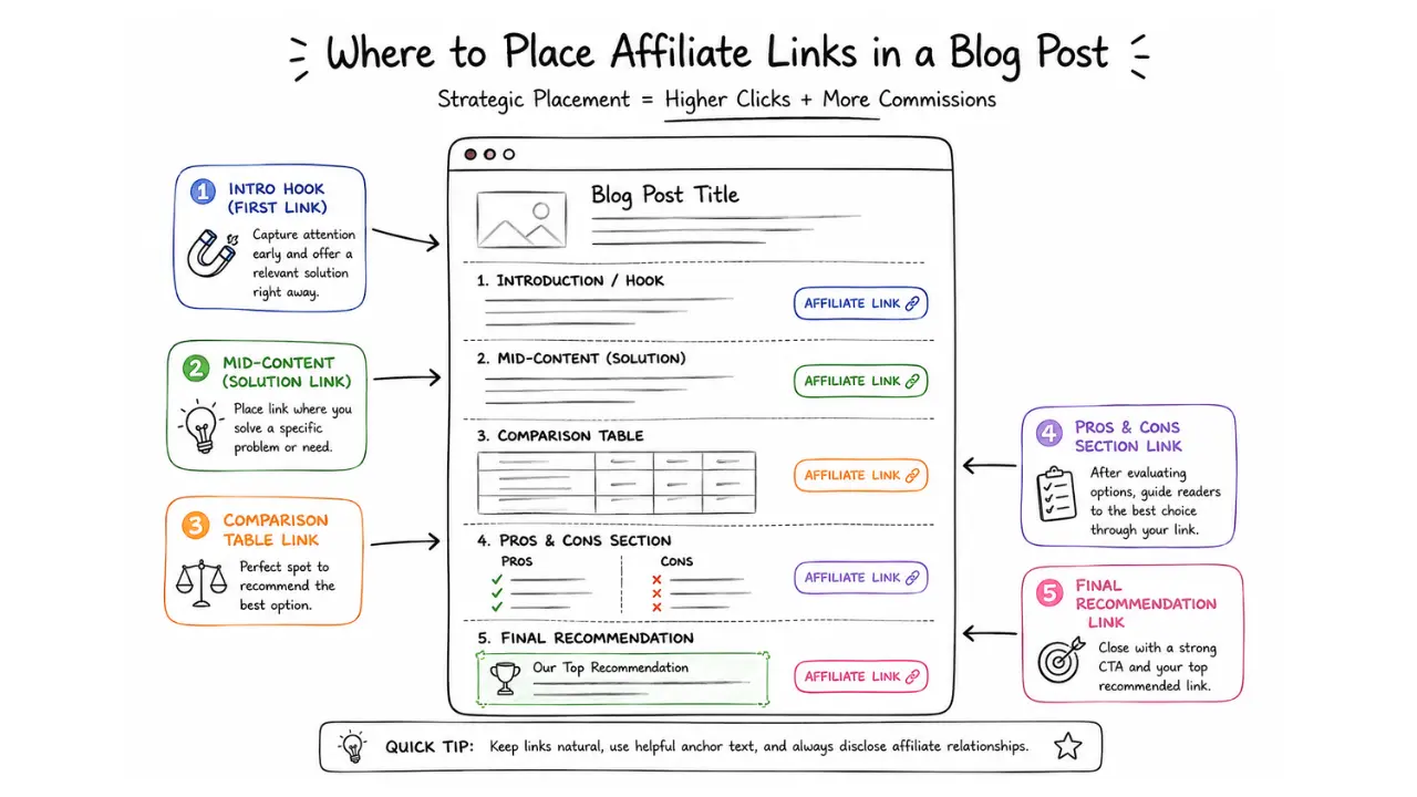 Hand-drawn sketch style infographic showing where to place affiliate links in a blog post, including intro hook, mid-content solution, comparison table, pros and cons section, and final recommendation for higher affiliate conversions.