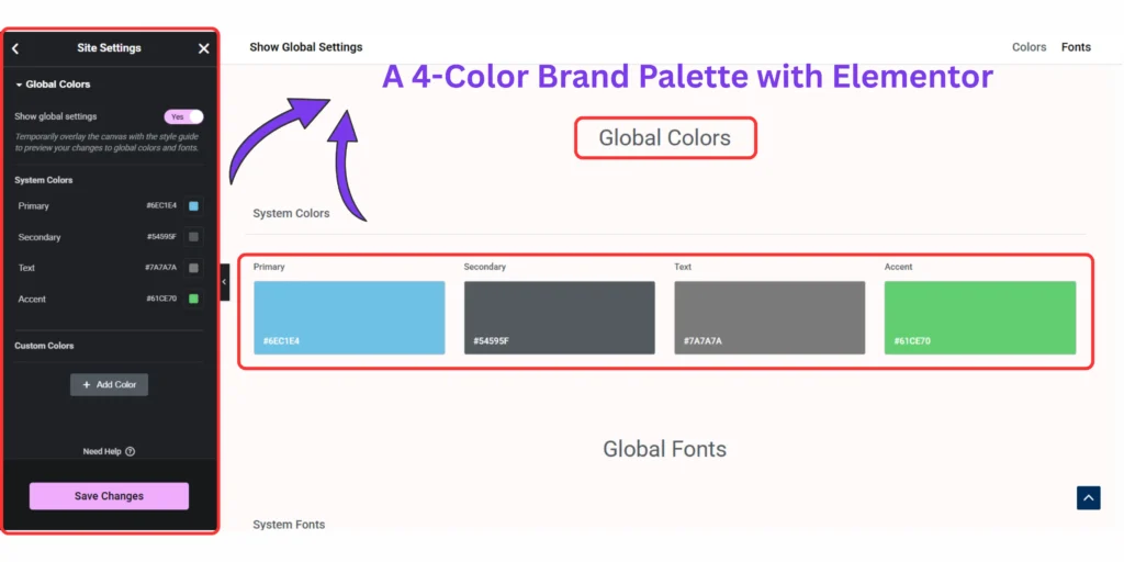 Global color palette settings showing primary, secondary, accent, and background colors for a WordPress website.