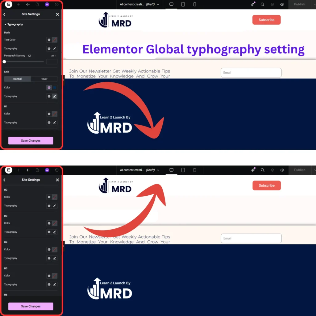 Global typography settings in Elementor showing heading hierarchy, font families, and text styling controls for a WordPress website.