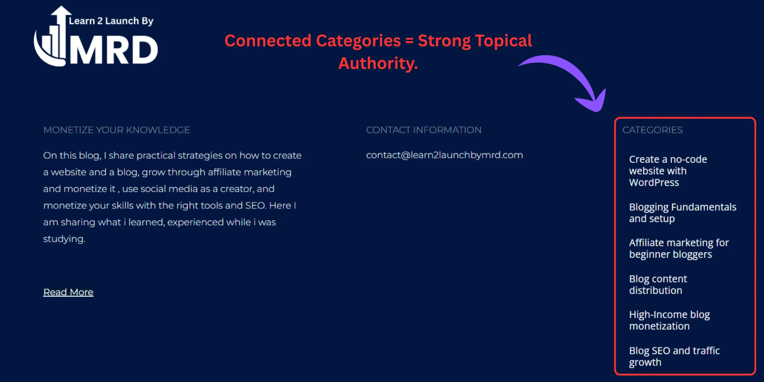 Example of a focused WordPress category structure for building topical authority.
