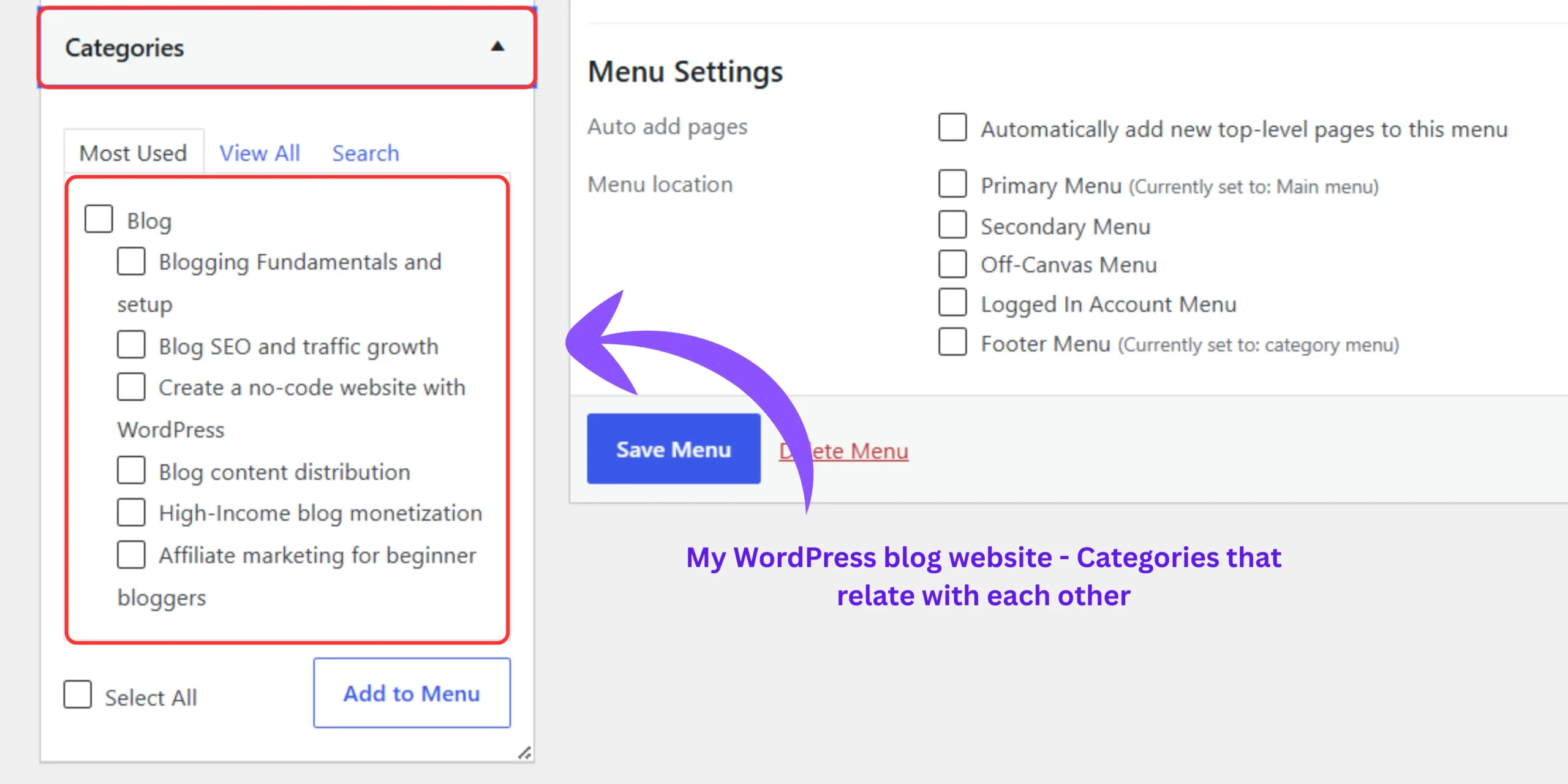 Example of a focused WordPress category structure for building topical authority.