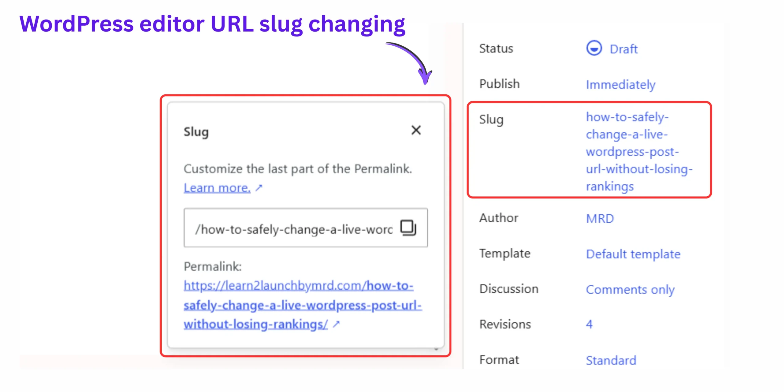 WordPress editor showing how to change a post URL slug in the Permalink settings