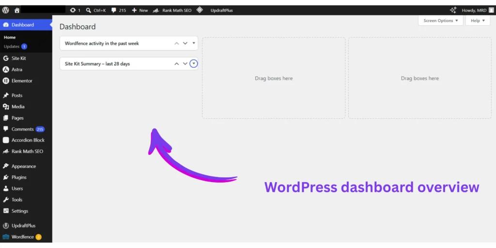 WordPress dashboard overview showing the main navigation menu and website management settings for beginners.