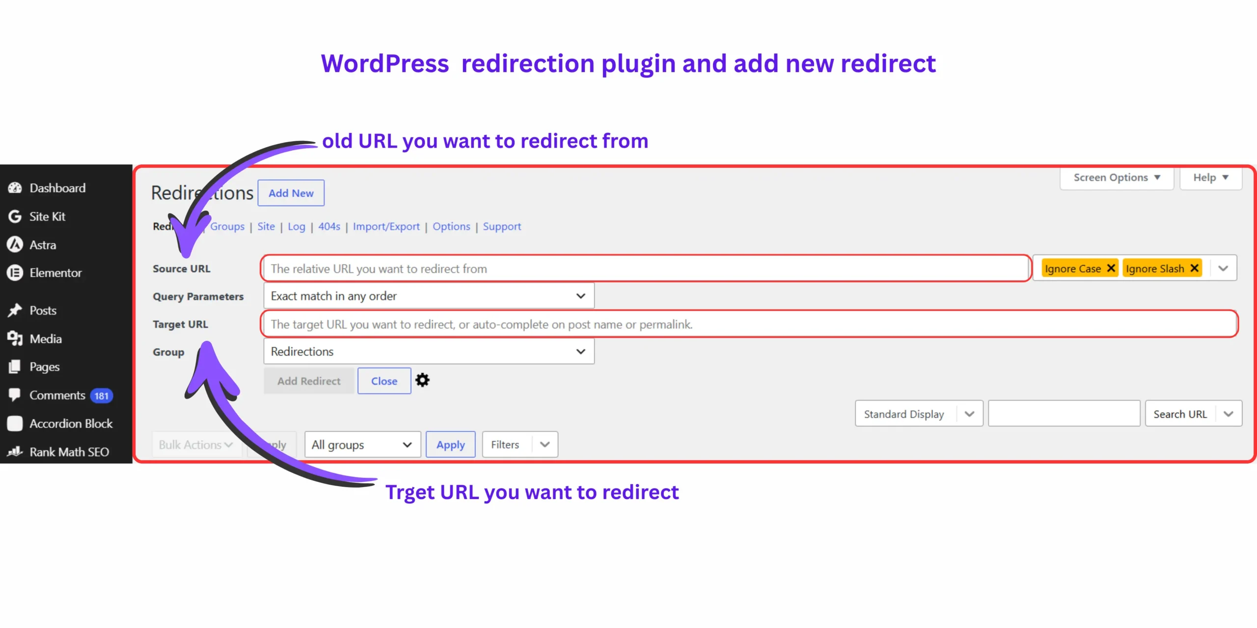 Redirection plugin interface showing how to add a new 301 redirect in WordPress