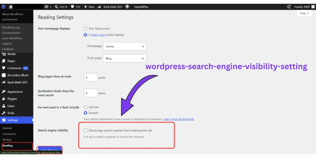 WordPress reading settings showing the search engine visibility option for indexing control.
