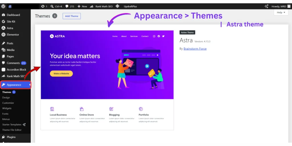 WordPress theme management screen showing installed themes and theme activation options.