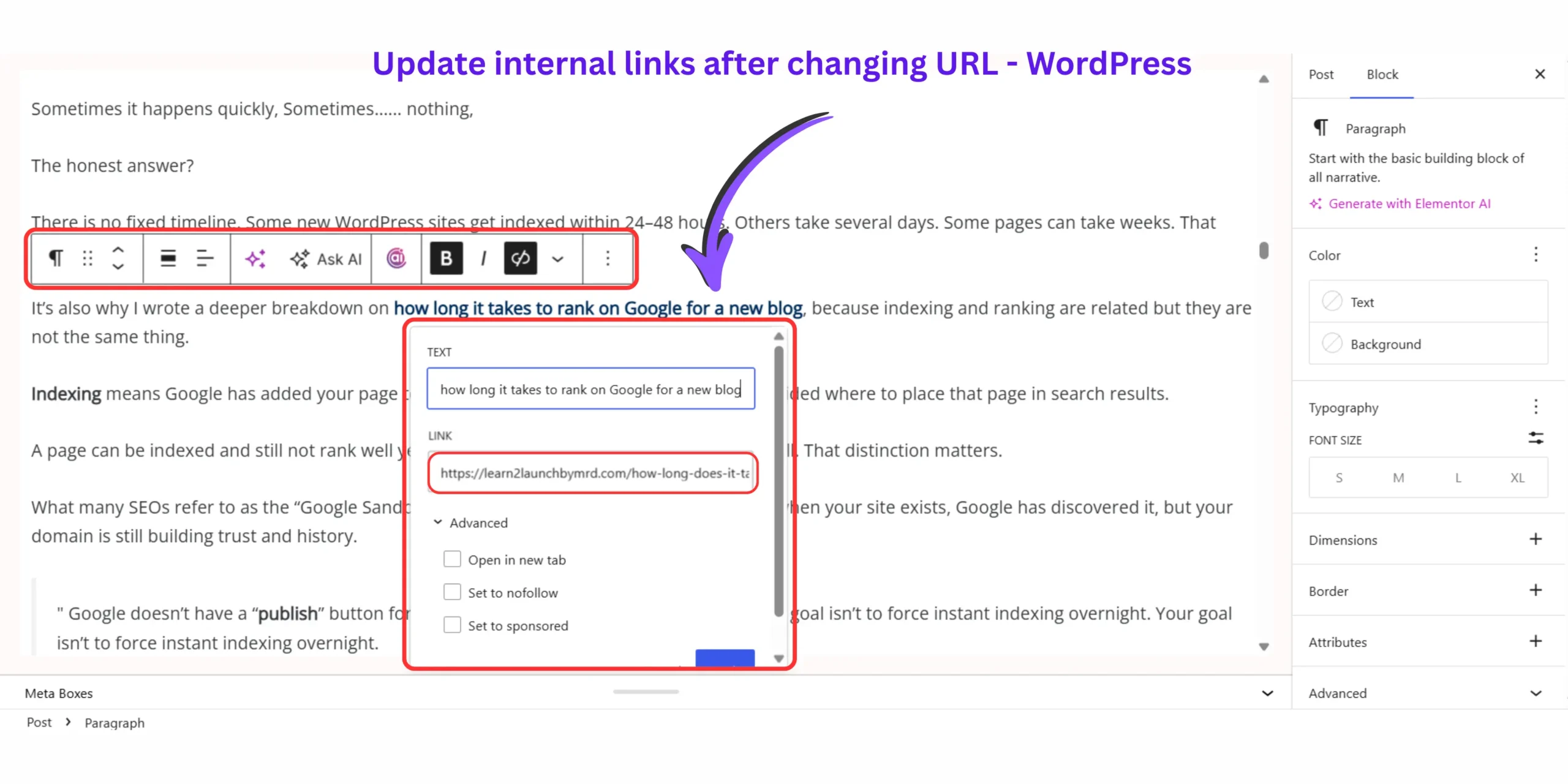 WordPress editor updating an internal link to point to a new permalink