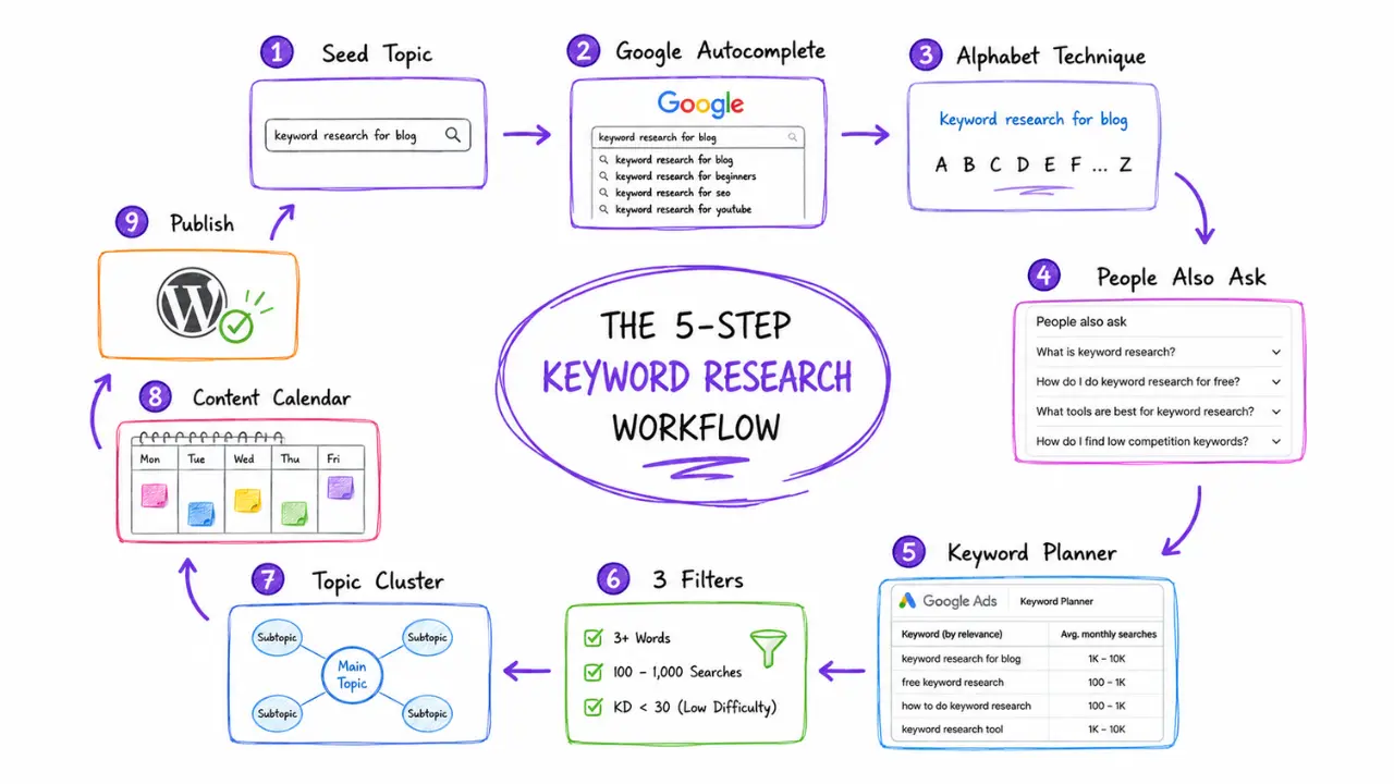 5-step keyword research workflow showing how bloggers find keywords using Google Autocomplete, People Also Ask, Keyword Planner, keyword filters, and content planning.