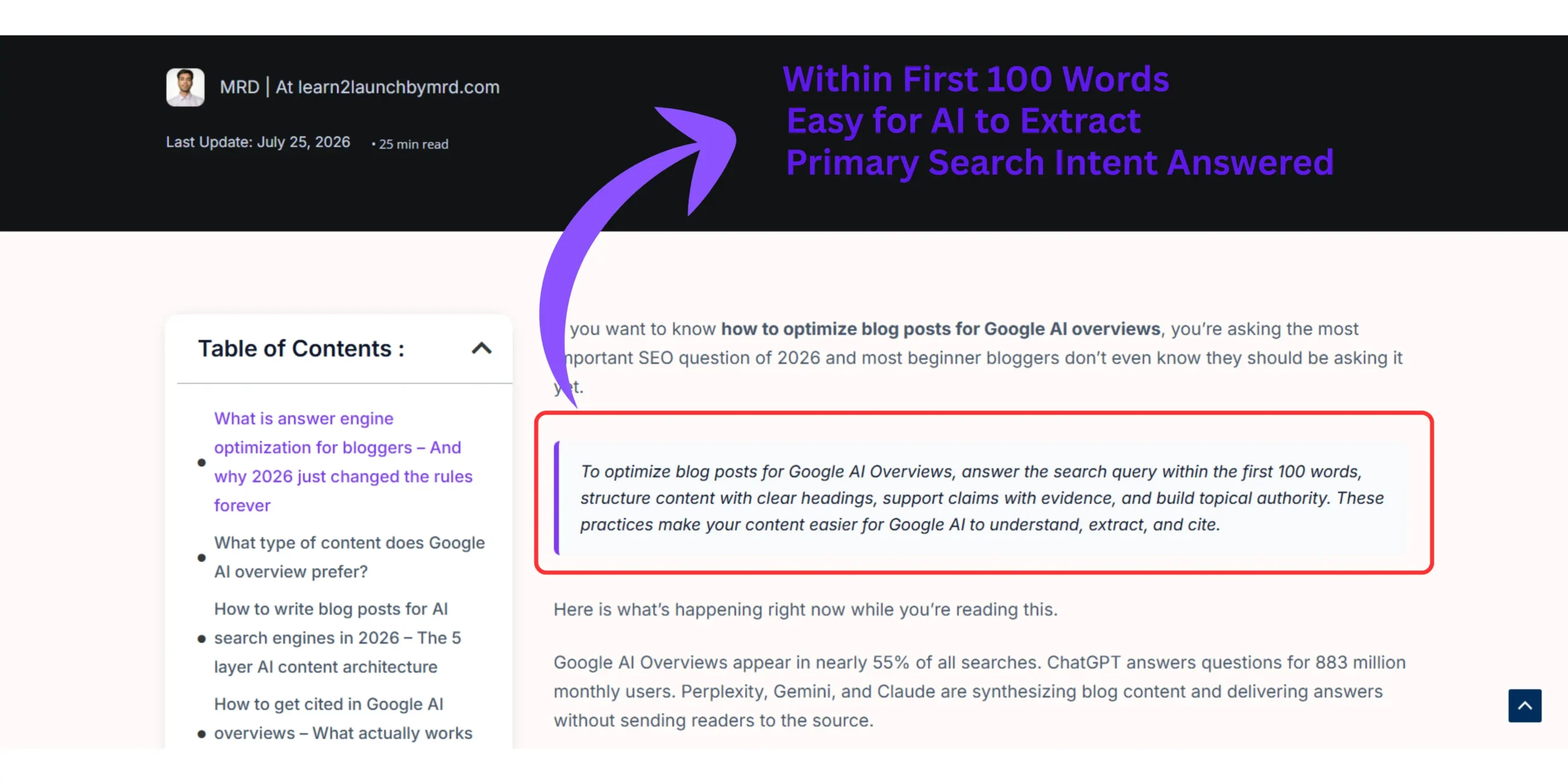 Example of an answer-first opening showing how to optimize blog posts for Google AI Overviews with a direct answer in the first 100 words.