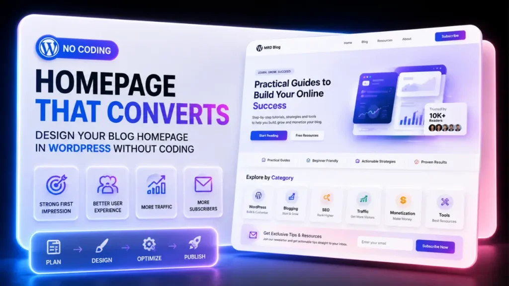 Modern SaaS-style WordPress homepage design infographic showing a high-converting blog homepage layout with hero section, conversion-focused UI, navigation elements, and a professional glassmorphism design for beginner bloggers.