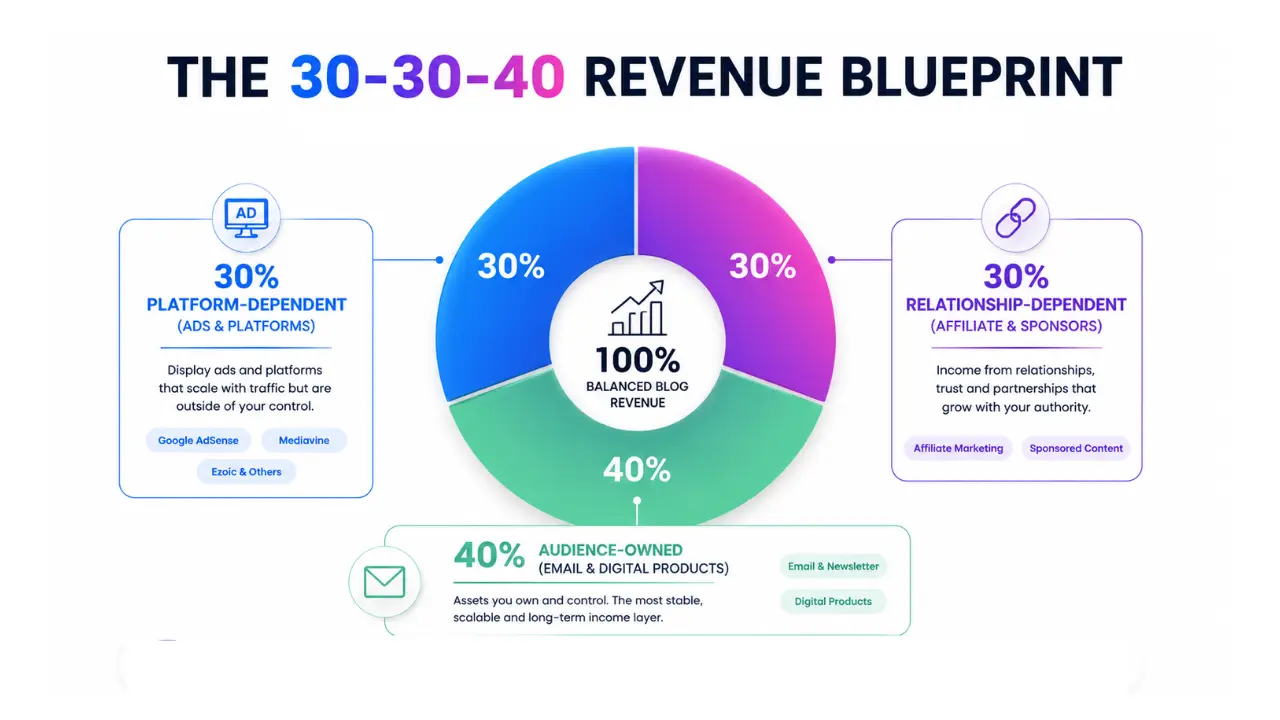 Infographic explaining what is a balanced revenue mix for a new blog using the 30-30-40 rule, showing platform-dependent, relationship-dependent, and audience-owned revenue categories.