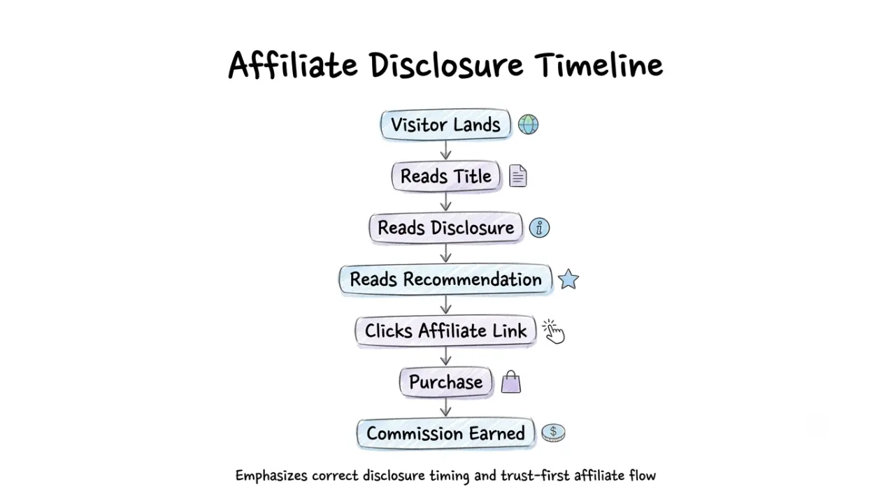 Timeline illustrating the reader journey from blog post title to affiliate disclosure, recommendation, affiliate link, and purchase.