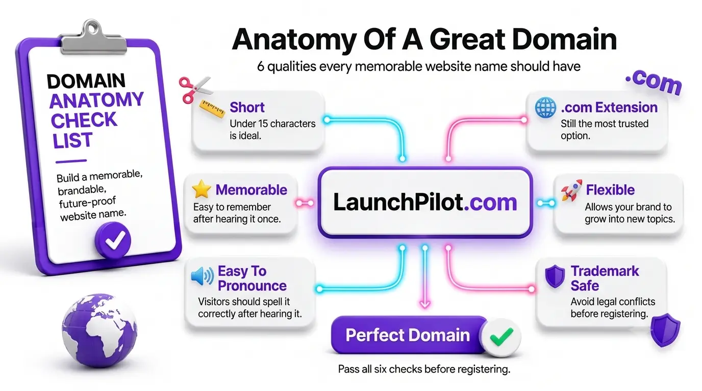 Anatomy of a great WordPress domain name showing the characteristics of a short, memorable, brandable, and SEO-friendly website domain.