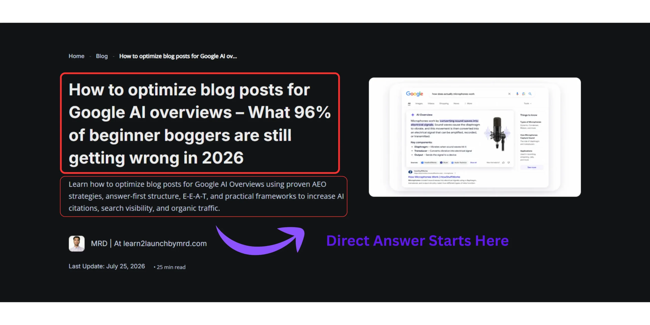 Example of an answer-first opening showing how to optimize blog posts for Google AI Overviews with a direct answer in the first 100 words.