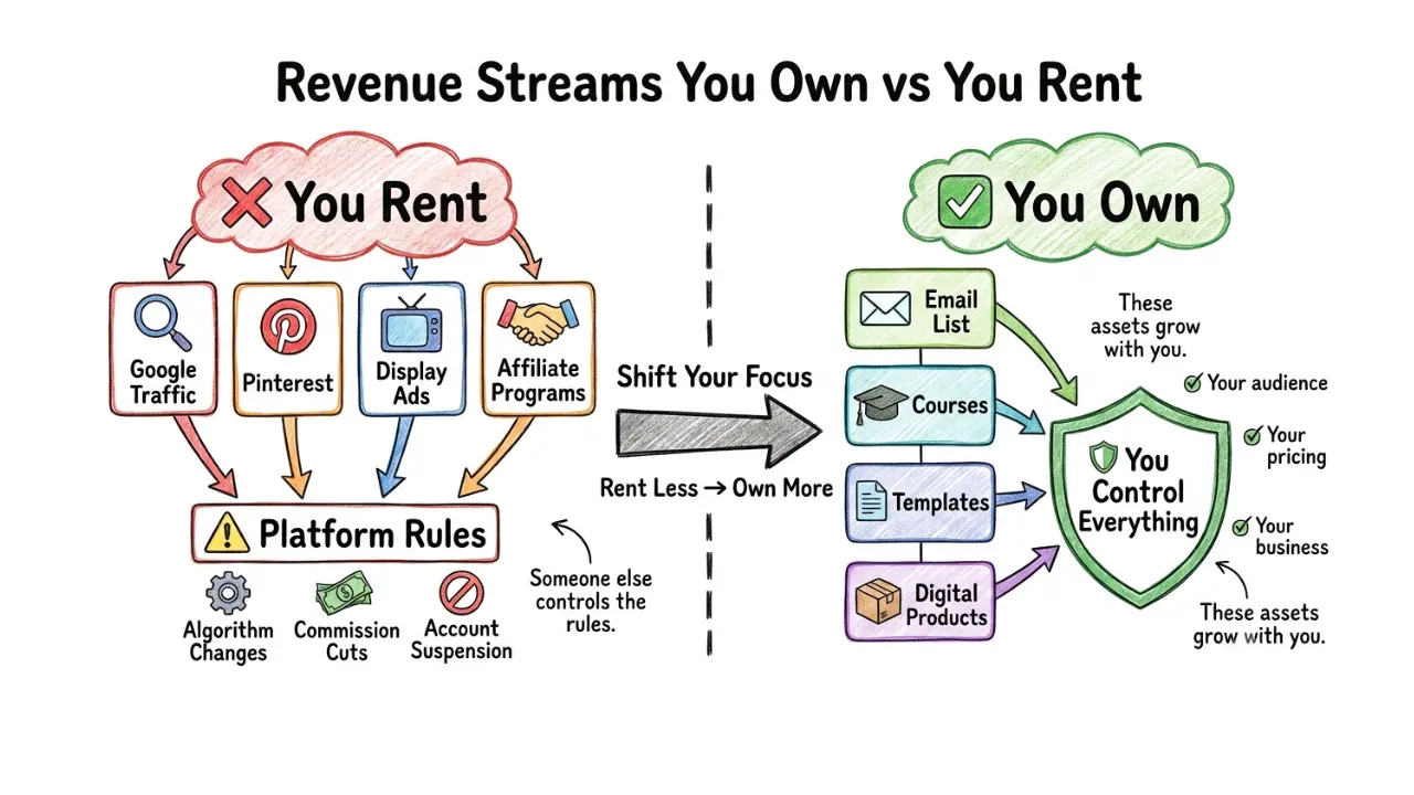 Hand-drawn infographic comparing audience-owned revenue streams with platform-dependent blog revenue streams, showing why owning assets like an email list and digital products creates a more stable blog monetization strategy.