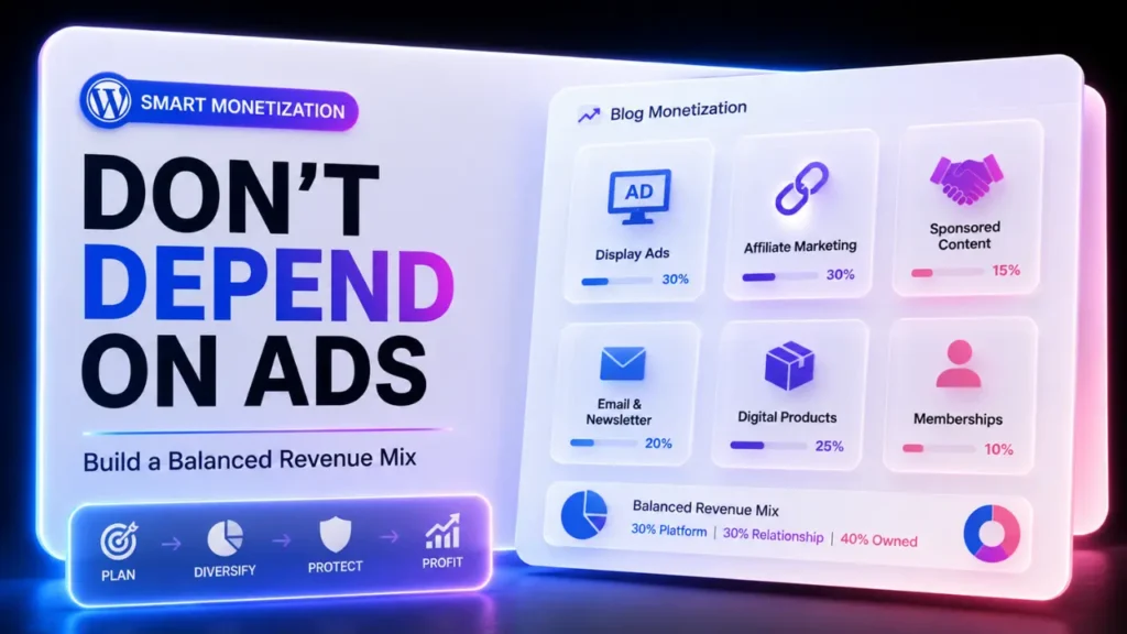 Featured image illustrating a balanced revenue mix for a new blog with multiple blog monetization methods, encouraging bloggers not to depend on display ads alone.