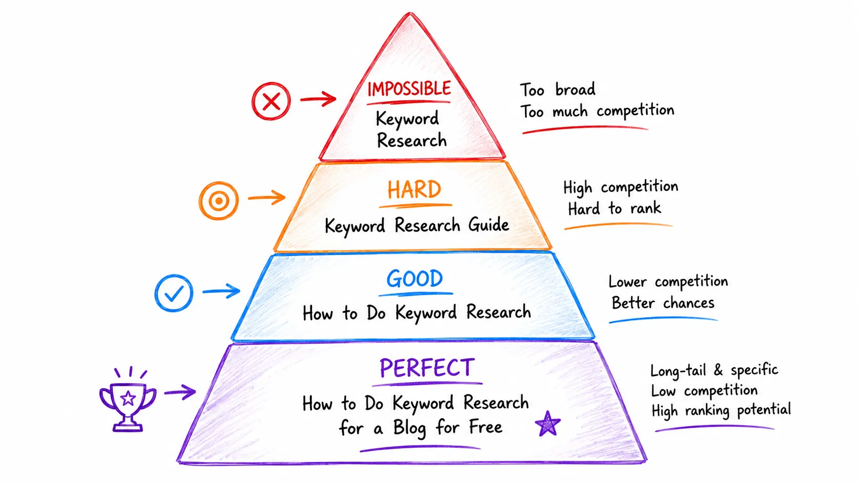 Beginner keyword pyramid showing broad competitive keywords at the top and specific long-tail keywords with better ranking opportunities at the bottom - how to do keyword research for a blog for free
