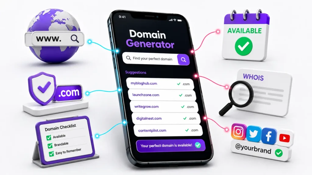 Best free domain name generators for WordPress websites showing a domain search tool with available .com suggestions, brandable names, and domain verification checklist.
