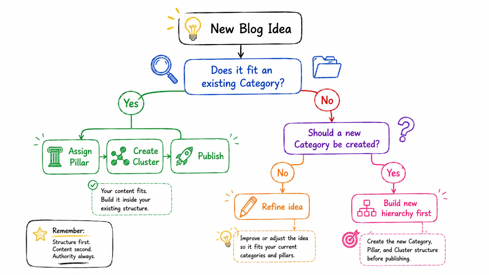 Decision tree for categorizing blog post ideas into a Notion blog content planner before publishing.