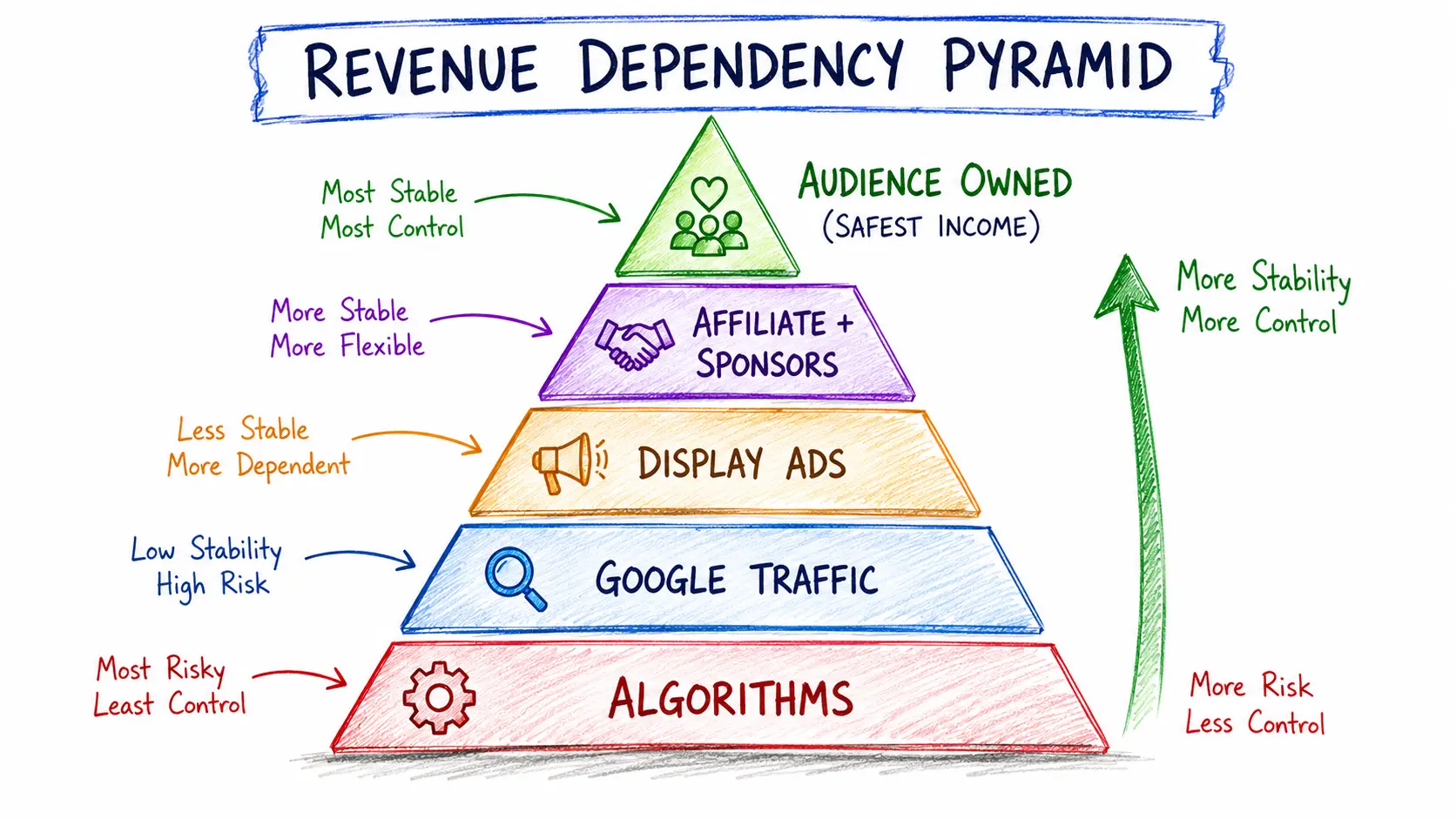Revenue diversification matrix comparing blog monetization methods by traffic requirements, setup difficulty, time to first income, stability, and beginner priority.