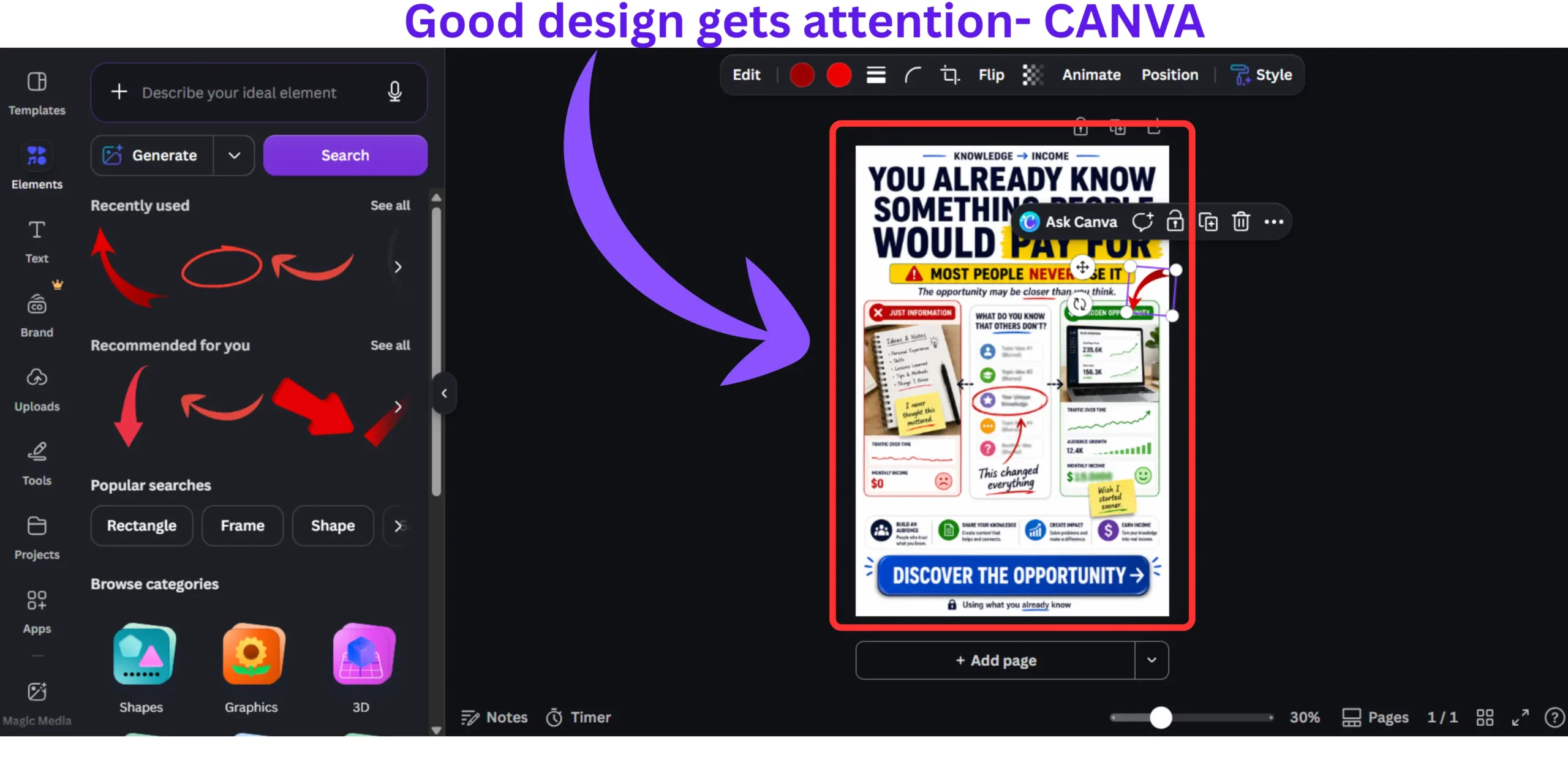 Canva workflow showing the creation of a Pinterest pin before uploading it with an optimized description.