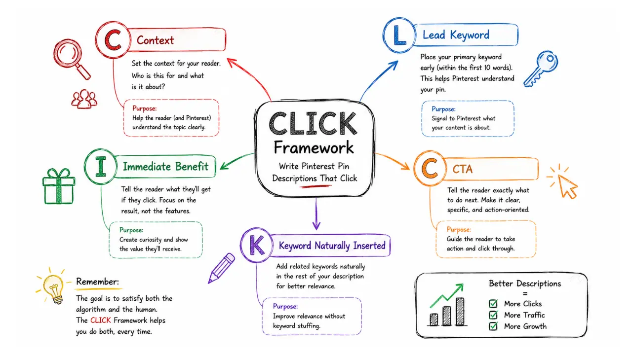 CLICK Framework infographic showing how to write Pinterest pin descriptions for clicks using Context, Lead Keyword, Immediate Benefit, Clear Call-to-Action, and Keep Keywords Natural.