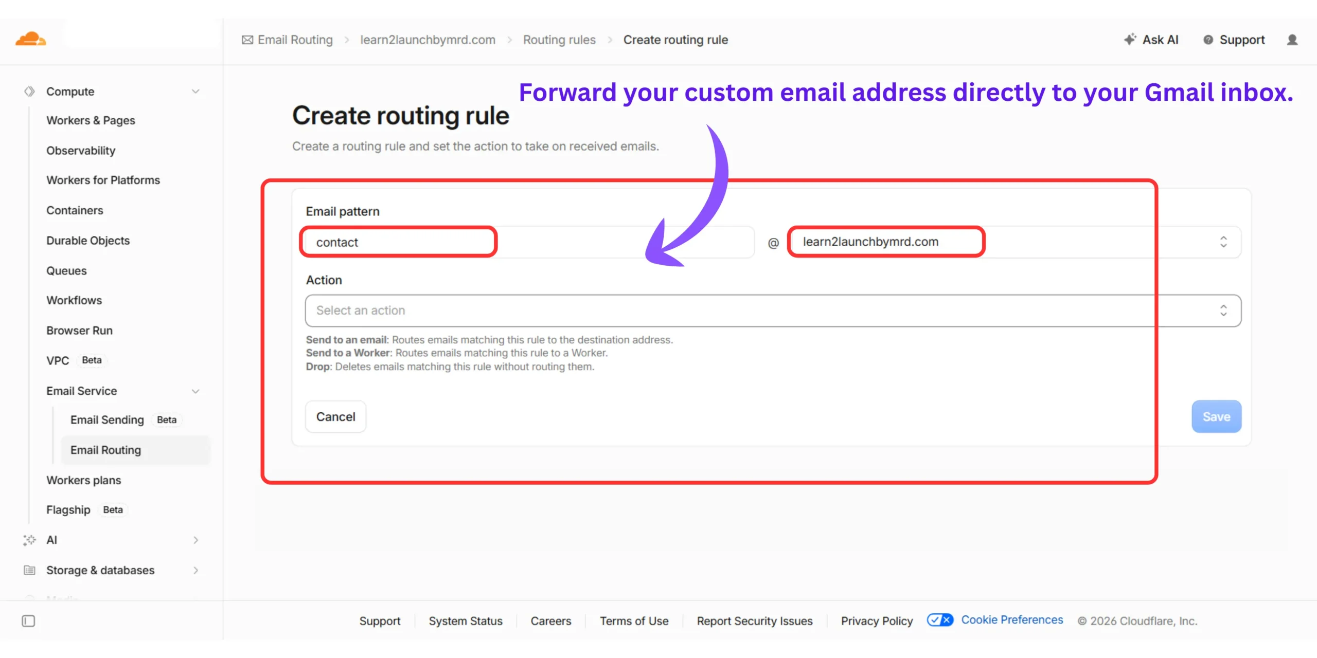 Creating a custom email forwarding address in Cloudflare Email Routing for a free business email.