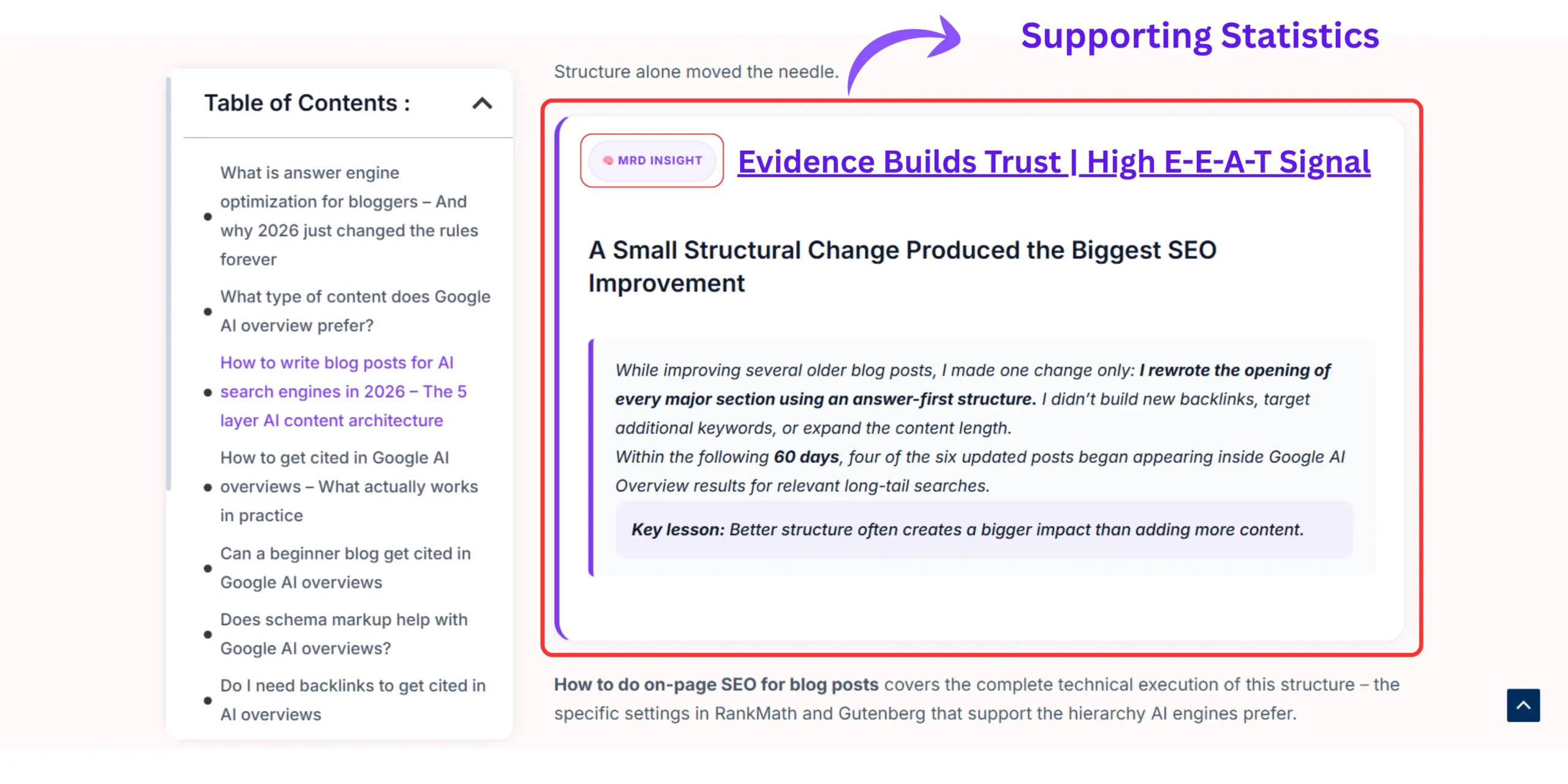Blog content demonstrating evidence density with statistics, expert references, and supporting data for Answer Engine Optimization.