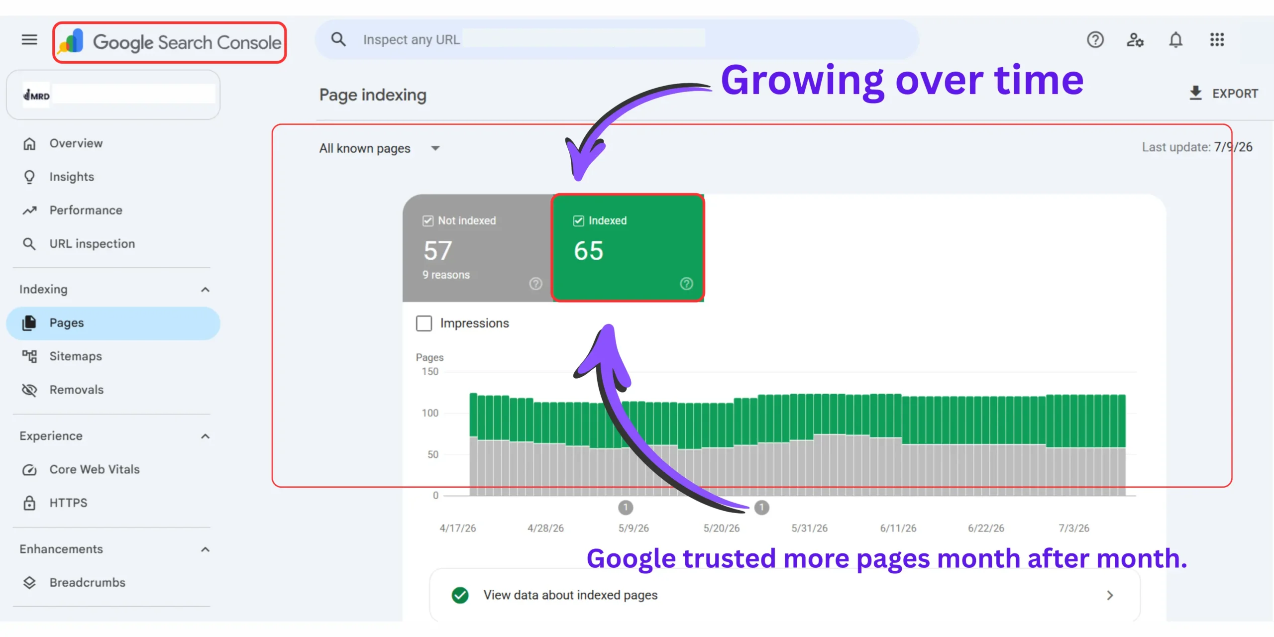 Google Search Console indexing report showing how pages became indexed during the first year of blogging.