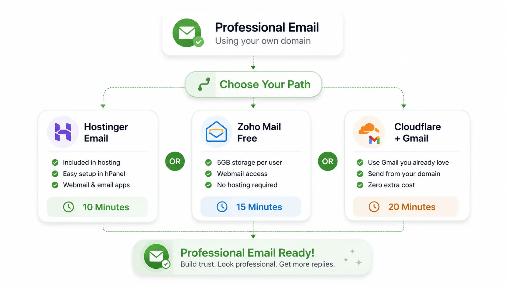 Diagram showing how to get a free professional email address with your own domain using Hostinger Email, Zoho Mail Free, or Cloudflare Email Routing with Gmail, comparing the three free business email setup methods.