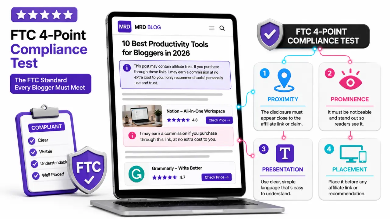 Infographic explaining the FTC four-point affiliate disclosure test including proximity, prominence, presentation, and placement. - where to put affiliate disclosure on blog post