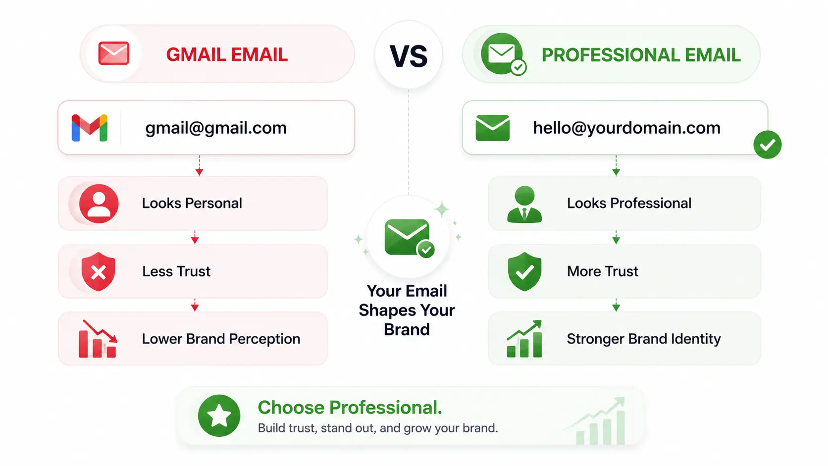 Comparison between a Gmail address and a professional email address with your own domain, showing differences in trust, branding, and business credibility for bloggers and small businesses.