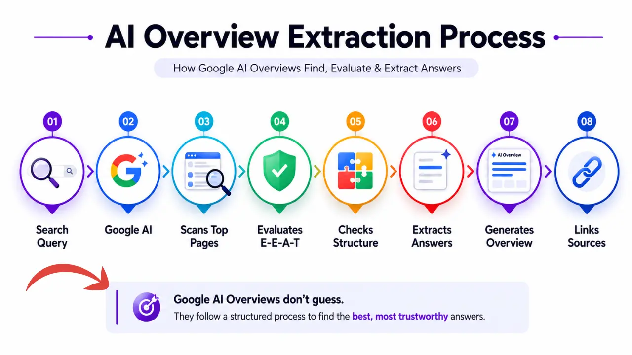 Diagram showing how Google AI Overviews scan, evaluate, extract, and cite blog content from search results using Answer Engine Optimization principles.