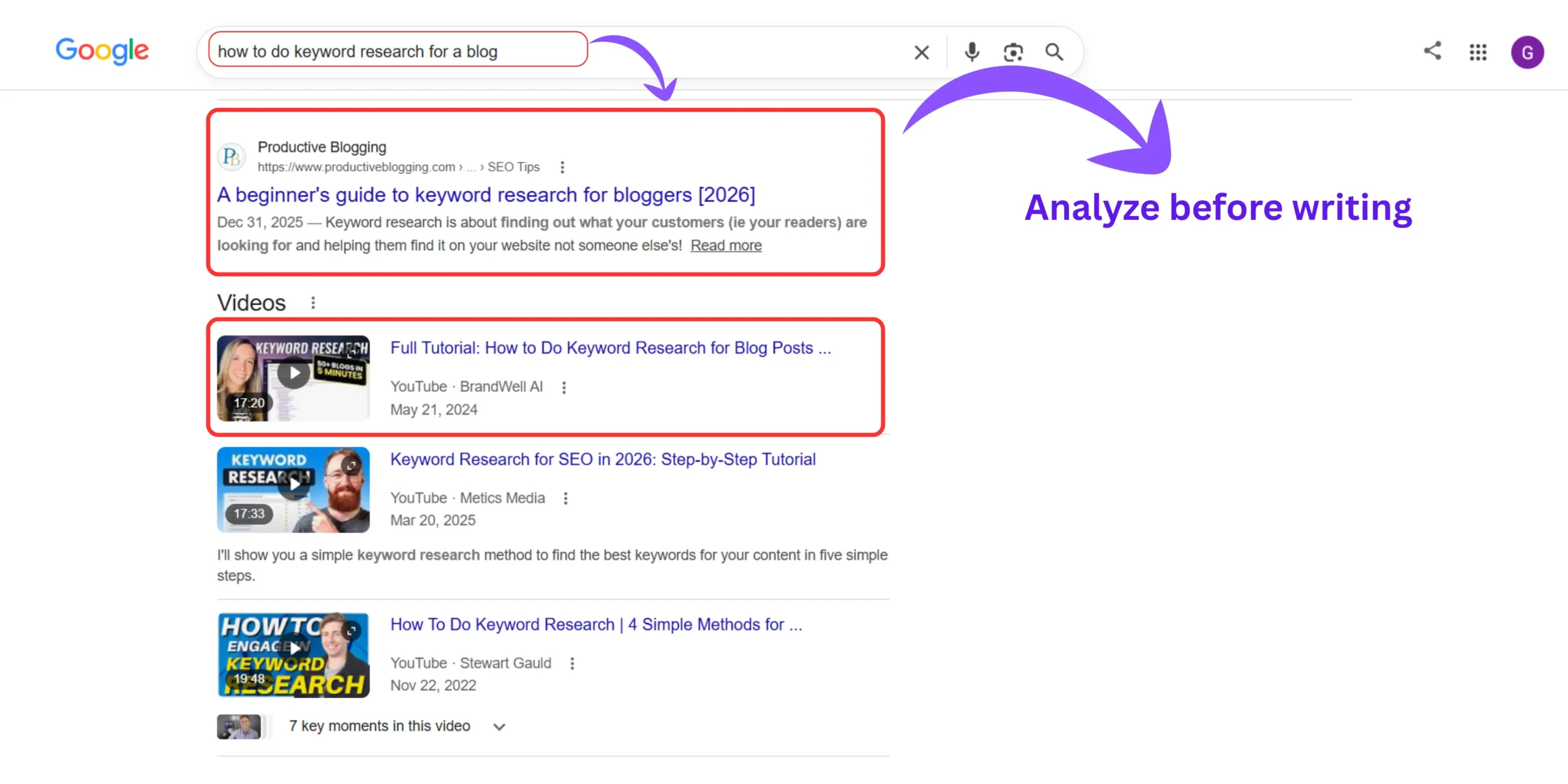 Google search results page used to analyze keyword competition for blog SEO.