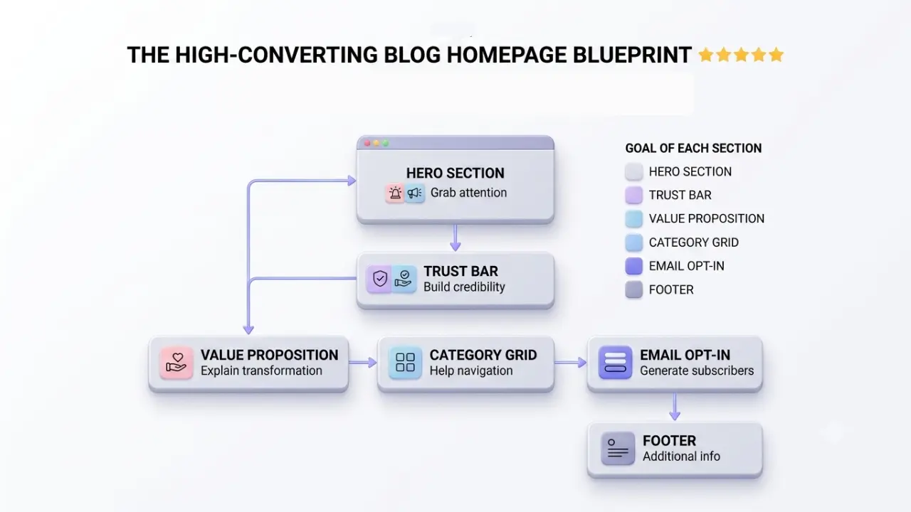 High-converting WordPress blog homepage blueprint showing the ideal no-code homepage layout with hero section, trust bar, value proposition, category grid, email opt-in, and footer for beginner bloggers.