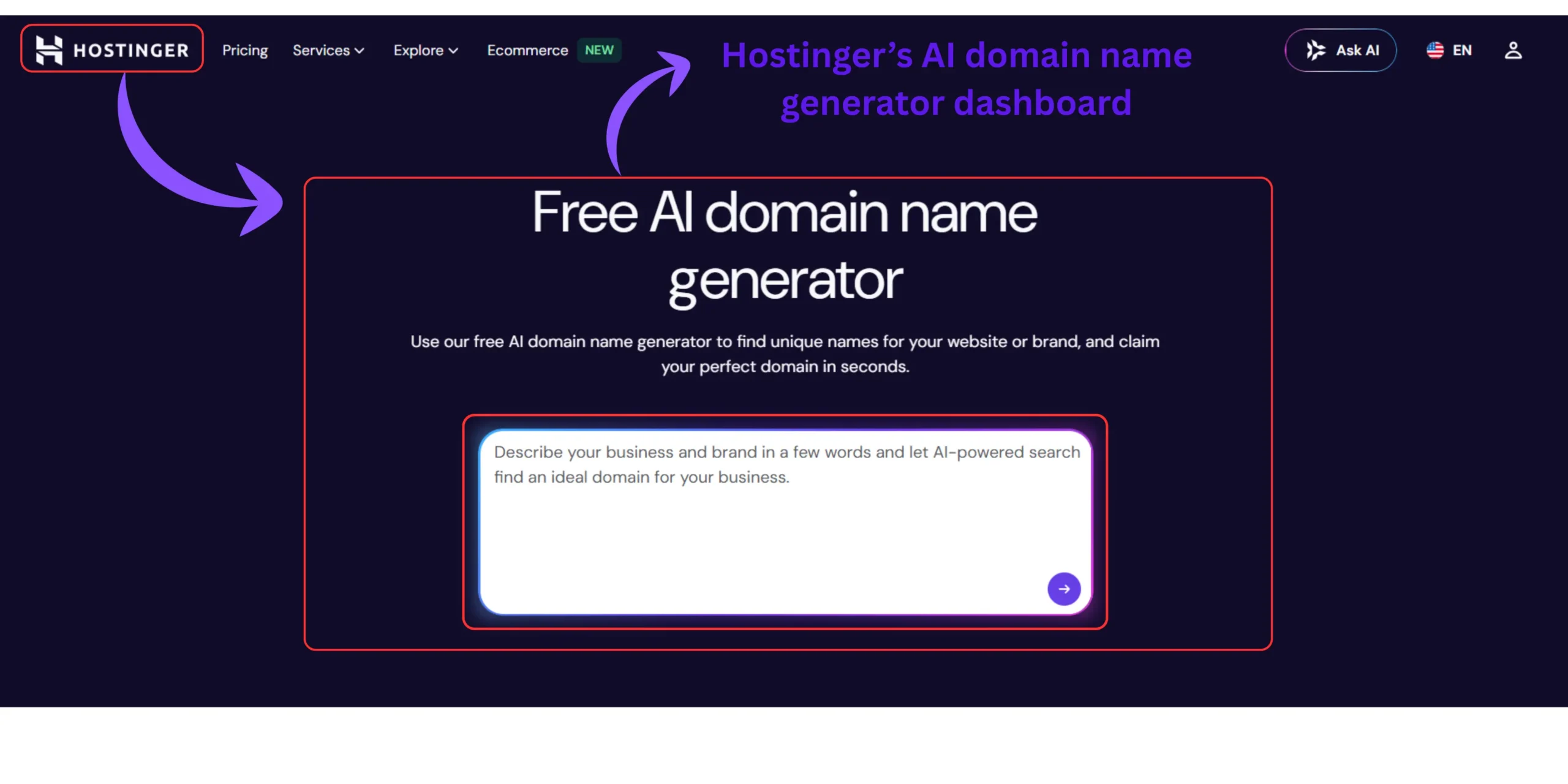 Hostinger AI domain name generator homepage showing how to generate domain ideas for WordPress websites using a blog description.
