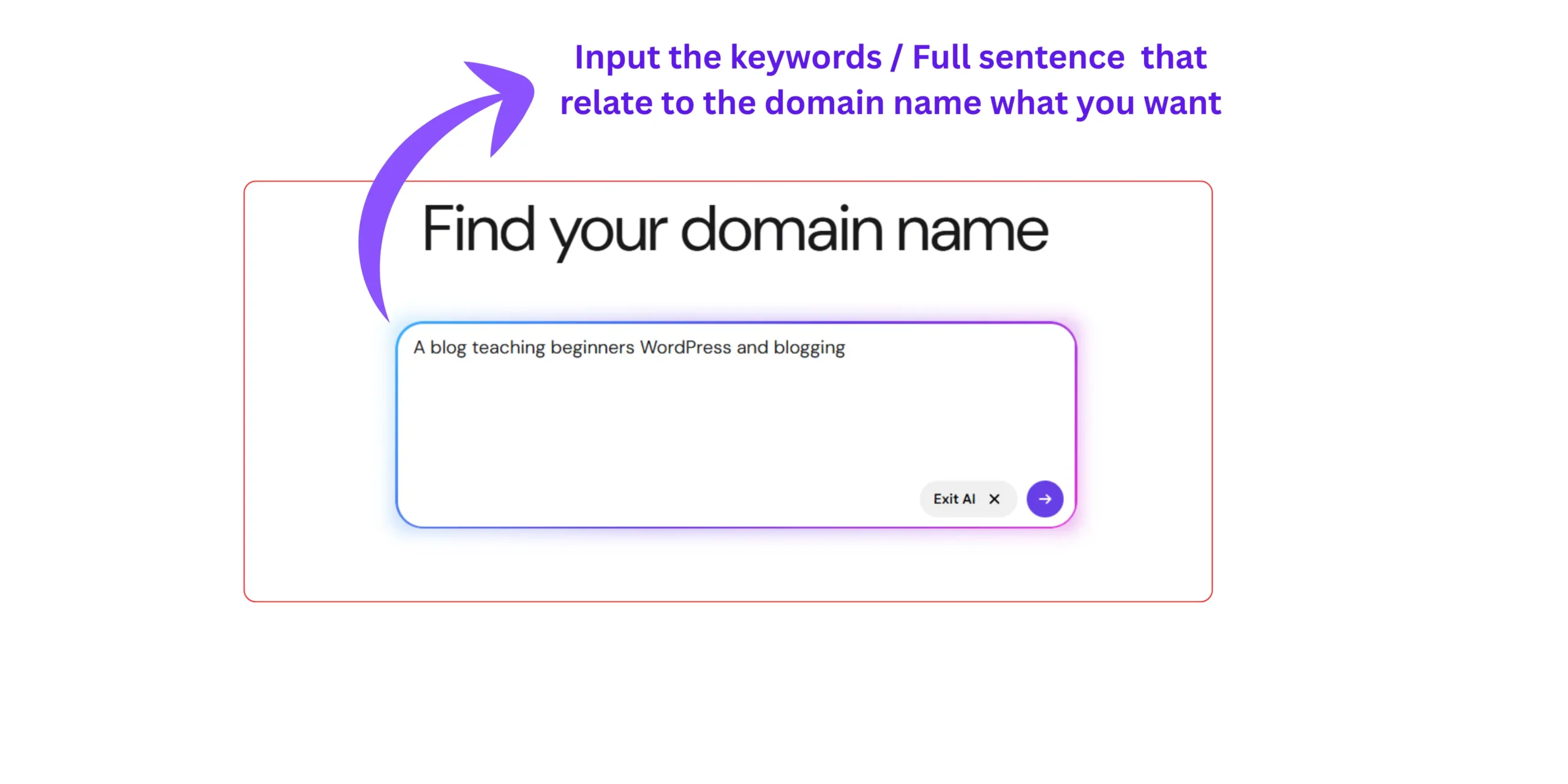 Hostinger AI domain name generator showing the relevant keywords related sentence